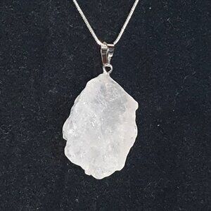 Bold Vintage Raw Natural Rock Crystal White Quartz 925 Silver Pendant Necklace